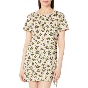 Sanctuary Drawstring T-Shirt Dress Women's Large Tan Floral Pull-On Ruched Side